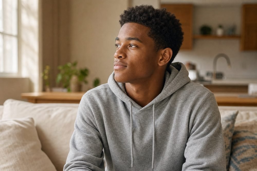 Teenage boy in Houston, contemplative, in recovery